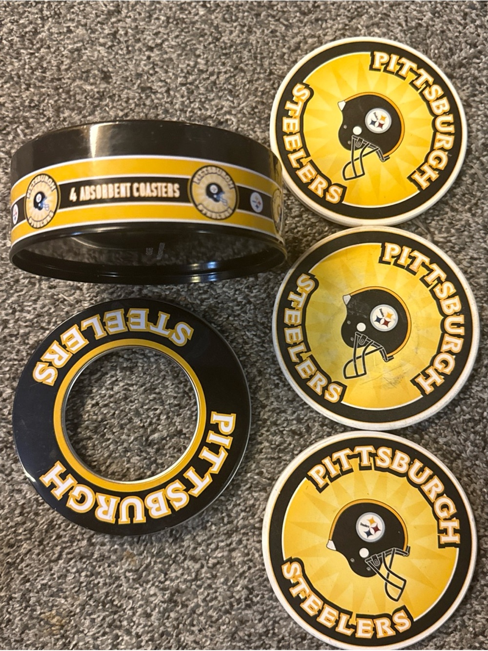 Encore NFL Pittsburgh Steelers Ceramic Drink Coasters Tin Holder -Read Desc-
